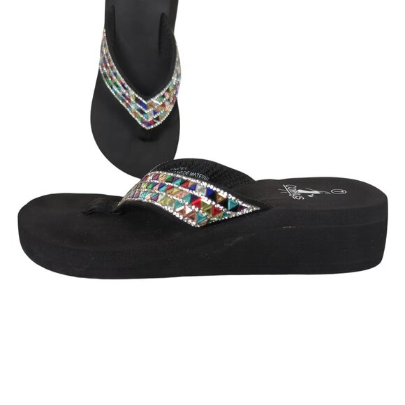 Corkys Clara Jeweled Wedge Platform Sandals Women’s Sz 7 Black Multicolor Rhines - Picture 5 of 10